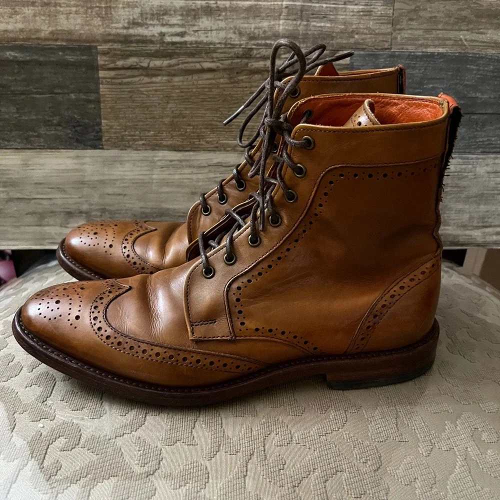 Allen Edmonds Dalton Tan Leather Wingtip Dress Boots Mens 7B Brogue Lace Up
